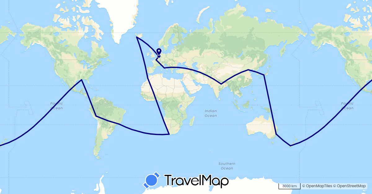 TravelMap itinerary: driving in Australia, Brazil, China, France, India, Iceland, Italy, Japan, Morocco, Netherlands, New Zealand, Peru, United States, South Africa (Africa, Asia, Europe, North America, Oceania, South America)